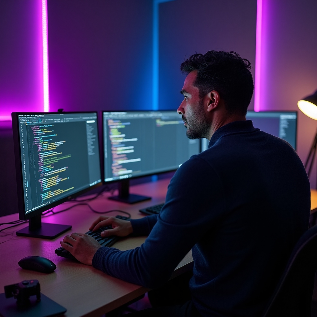 Developer analyzing JavaScript SEO issues on multiple monitors in a modern studio workspace