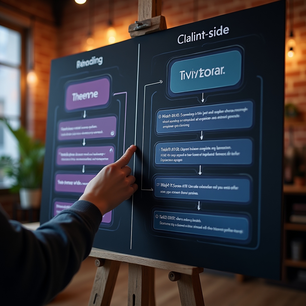 Architecture diagram comparing server-side and client-side rendering workflows for web applications
